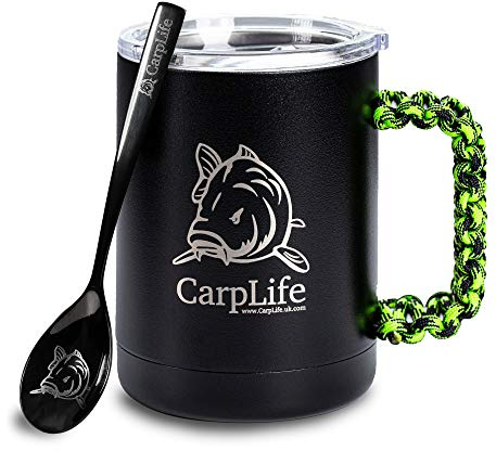 CarpLife Thermal Fishing Mug, Lid & Spoon - Stainless Steel Thermal Mug with Lid and Handle – Insulated Travel Cup, Fishing Cup with Etched Spoon – Portable Coffee Tea Brew Kit for Hot & Cold Drinks