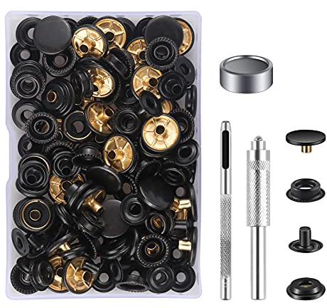 MSDADA 32 Sätze Druckknöpfe Set, Schwarz Button Werkzeug Metall Fastener Druckknopf Schraubbar Edelstahl Muttern und Bolzen Set für Kleidung Leder Handwerk Jacke Brieftasche Handtasche(128 Stück)
