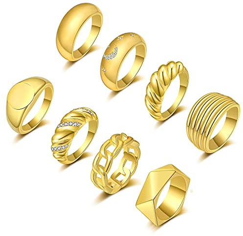 FUNEIA 8 klobige Goldringe für Damen, 18 Karat vergoldet, Zirkonia, Croissant, Mond, Stern, dicke Kuppel, Siegelringe, Set, geflochtene, gedrehte, stapelbare Statement-Ringe, Größe 5–9,