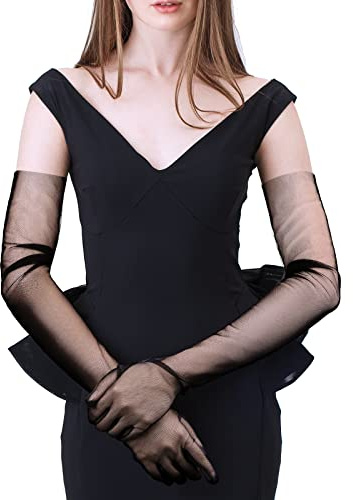 Gants Longs en Tulle Transparents pour Mariage Mariée Opéra (28 Pouces, Noir)