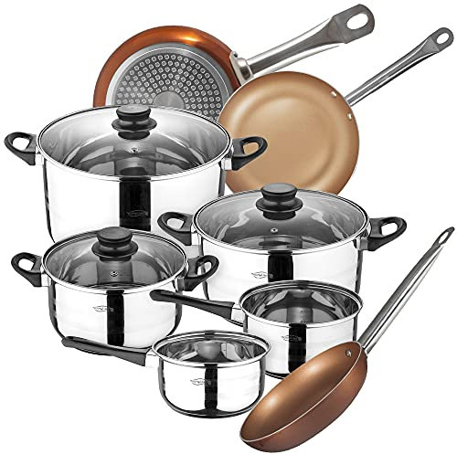 Batterie de cuisine 8 pièces SAN IGNACIO Toledo en acier inoxydable avec jeu de poêles (20/24/28 cm) Professional Chef Copper Plus en aluminium pressé