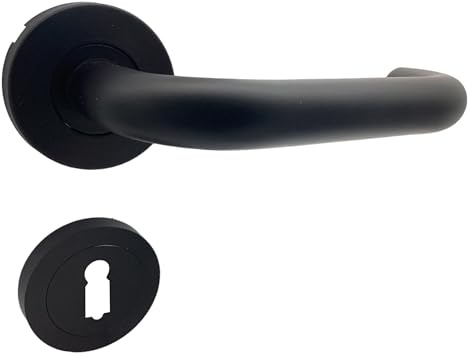 domino Türgriff UNO-R BLACK BB-Buntbart, Edelstahl Drückergarnitur für Zimmertüren, Türdrücker-Set, Rosetten-Garnitur, Türklinke, Türbeschläge, Rund-Rossette, L-Form