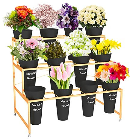 Soporte de exhibición de flores con 12 cubos, soporte de plantas de metal de 3 capas, estante de carro de plantas de uso pesado, exteriores, patio, jardín, floristería (negro - cubo redondo)