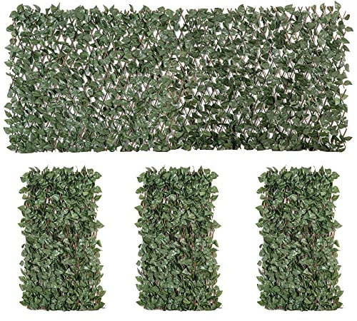 Outsunny 4 Pieces Expanding Trellis Fence, 2m x 1m Decorative Trellis with Artificial Leaves Garden Telescopic Hedge Privacy Screen Greenery Walls for Garden Balcony Home Decor