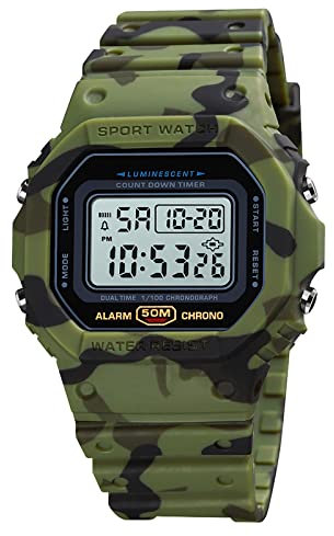 FAMKIT Montre de sport numérique pour homme avec rétroéclairage, résistante aux chocs avec alarme/chronomètre/compte à rebours, Vert militaire Camouflage, Bracelet