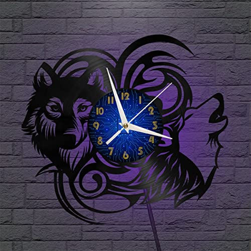 YHIT Orologio da parete in vinile con lupo che ulula, orologio da parete in vinile silenzioso e senza ticchettio(Con luce a LEDB)
