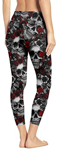 Rave on Friday Leggings para Mujer Pantalones Halloween Red Rose Skeleton Printed High Rise Soft Casual Workout Leggings Yoga Running Athletic Tights L