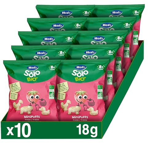 Hero Solo- Minipuff Snack de Fresa, 100% ECO, BIO, con Ingredientes de Agricultura Ecológica y UE, No Fritos, Sin Azúcares Añadidos, Apto para Bebés a Partir de 8 Meses - Pack de 10 x 18 g