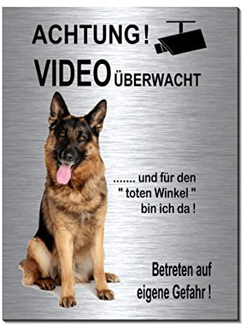 Schäferhund-Videoüberwachung-Hund-Schild-200 x 150 x 3 mm-Aluminium Edelstahloptik-Hunde-Tierschild-Warnschild-Hinweisschild (Silber 249-17 ohne Löcher)