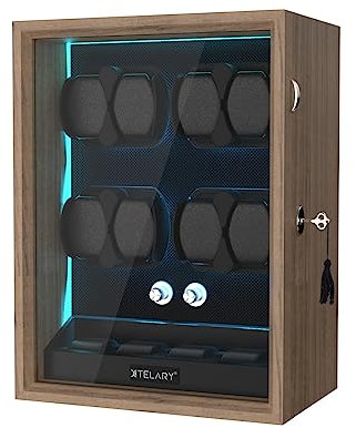 XTELARY Carica automatica per orologi 8 con vano portaoggetti flessibile 4 e cassetto portaoggetti per gioielli, illuminazione LED integrata, Carica per 8 orologi, Wood Color