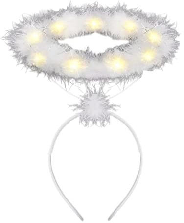 Muzrunq Light Up Angel Halo Diadema LED LED Blanco Halo de halo Feather Diadema de halo Angel Halo Diadema para Navidad, Disfraces de ángel LED White con luz LED