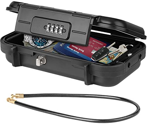 TEUEN Portable Safe Box, Waterproof Anti-Theft Beach Travel Safe Box Combination Security Lockbox with Removable Wire Rope Portable Lock Box for Dorm, Hotel, Home, Office, Car
