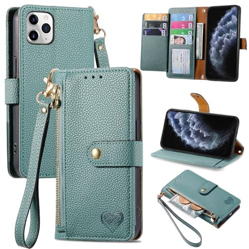 VEEMOS Zipper Wallet Case for Apple iPhone 11 Pro Max Phone Case with Purse Card Holders RFID Blocking Leather Flip Case Book Cover Wrist Strap Women - Green