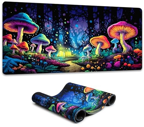 Simpkeely Gaming Mouse Pad, Blacklight Mushroom Waterproof Extended Large Desk Pad Long Computer Keyboard Big Mouse Mat with 3mm Non-Slip Rubber Base for Office Home - 80 x 30 cm