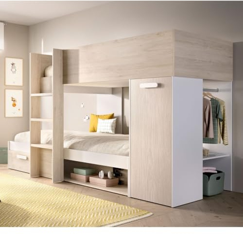 LITERA Tren con Armario APOLINIA, Blanco/Natural, 246 x 112 x 150 cm, litera Tren con Armario, cajones y Colgador para colchones de 90 x 190 en Blanco y Roble