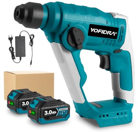 Yofidra 21V Mini Bohrhammer, 700W SDS-Plus Bohrhammer mit 2 3.0Ah Akkus, 2.0J Schlagenergie, 800RPM, 4000IPM, Bohren bis 10mm, Anti-Vibrationsgriff, Brushless Hammer Drill für Beton, Holz und Metall