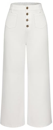 Belle Poque - Jeans à jambe large pour femme, taille haute, élastiques, vintage, avec poches, blanc, XXL