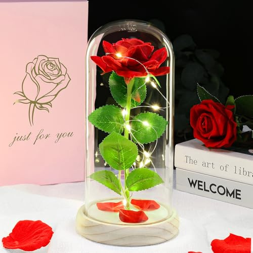 Birthday Rose Gifts for Women Eternal Rose Gifts for Mum Colorful Rose Gifts, Mothers Day Birthday Presents Light Up Rose in Glass Dome with LED for Mum Wife Daughter Artificial Roses for Anniversary