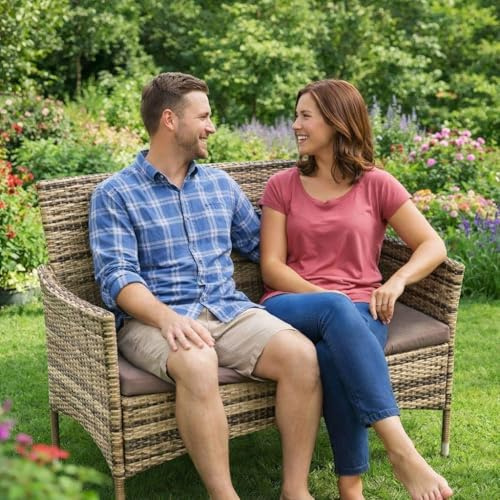 ESTEXO Polyrattan Gartenbank Bank Rattan Gartenmöbel 2-Sitzer Sitzbank mit Sitzkissen Rattanmöbel (Beige-Braun)
