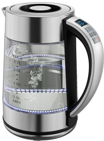 Electric Kettle 3000W Fast Heating - KEINVE 1.7L Glass Tea Kettle with Temperature Control, Keep Warm Function (120min), Blue LED Light, Auto Shut Off, Boil-Dry Protection