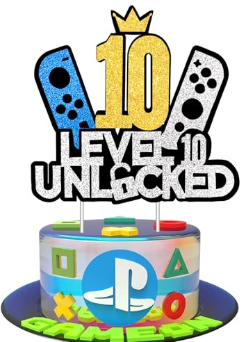 JSRHEEM Födelsedagstårtdekoration för spelfans, nivå 10 låst upp, glittrande spelkonsol, cupcake-topp för pojkar och flickor, ålder 10 år (10 år)