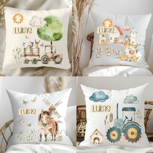 wolga-kreativ personalisiertes Kuschelkissen Kinder – Bauernhof-Motive mit Namen – Traktor, Tiere & Dorf – Geschenk für Jungen und Mädchen – Flauschiges Babykissen – Bedruckt in Deutschland
