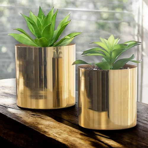 BUYERWELL Round Handmade Shiny Brass Tone Metal Plant Pot Covers, Decorative Indoor Tabletop Houseplant Planter Containers,(6 inch and 5 inch) 2 Piece Set - Handcrafted in India (Brass Shine Finish)