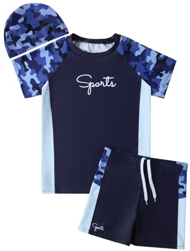 Hotfiary Maillot de bain 2 pièces pour garçons avec maillot de bain à manches courtes et bonnet de bain, maillot de bain 2 pièces, t-shirt court, maillot de bain d'été pour 6, 7, 8, 9, 10, 11, 12, 13