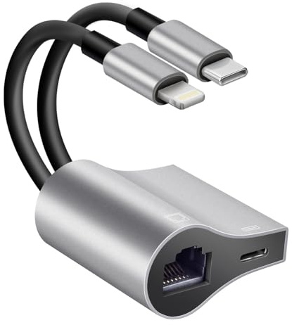 2 in 1 Lightning and Type C to RJ45 Ethernet Adapter Network Adapter,with Charge Port, Plug and Play,Supports 100Mbps Ethernet Network, Compatible with iPhone 14 13 12 11/iPad