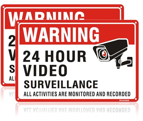 Acuxiaza 2 delar 24 timmars videoövervakningsskyltar 20 x 30 cm aluminium reflekterande CCTV i driftsskylt säkerhetskamera varningsskyltar vattentät, UV-resistent, lätt att installera