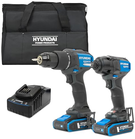 Hyundai Ensemble de perceuses sans fil 20 V, marteau perforateur 65 Nm et visseuse à percussion 230 Nm, kit sans balais avec 2 batteries 2,0 Ah, chargeur 2 A