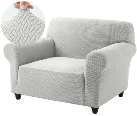 Hafaa High Stretch Sofa Cover – Elastic Fit Chair Covers Non Slip Sofa Slipcovers Jacquard Spandex T Shape Couch Armchair Cover Soft Washable Furniture Protector for Kids/Pets (1 Seater, Silver Grey)
