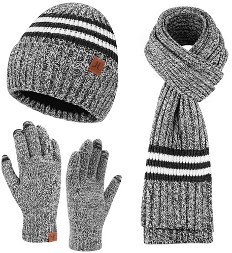 Bequemer Laden Conjunto Gorro Bufanda Larga Guantes Tactiles Hombre Invierno - Tricotado con Forro Fleece Caliente, Regalo para Hombre