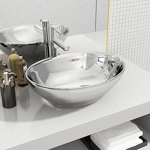 Lavabo da Appoggio in Ceramica, Design Ovale Moderno con Finitura Lucida, Lavabo Bagno Piccolo per Vanity o Toilette, Colore Argento, 40 x 33 x 13.5 cm