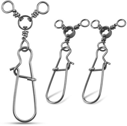 Broches giratorios de pesca de 3 vías, 25 piezas de giro en T de triple línea cruzada con broches de doble bloqueo, conectores de señuelo de pesca para bagre, aparejos de surf, agua salada, agua dulce