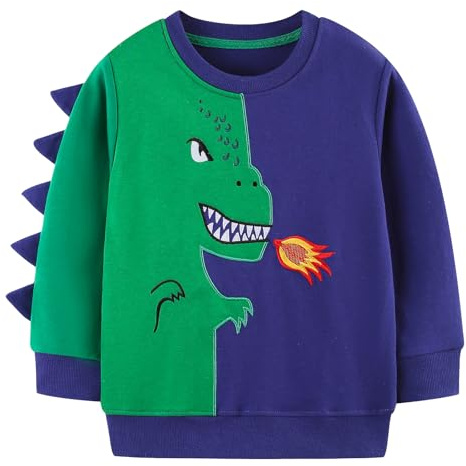 JinBei Barntröja Bomull Långärmad Ledig Tröja Pojke Utan Huva Sport T-shirt Rund Hals Toppar Barn Pullover Tröjor Höst Vinter Vår 2 3 4 5 6 7 År, Blå och grön, 6-7 anni