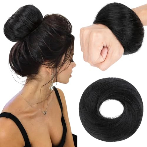S-noilite Echthaar Dutt - Scrunchies für Glatt Haar für Frauen, Elastisches Haarteil mit Gummiband,Dutt Haarteil Haargummi Mit Haaren 30g #1 Jet Schwarz