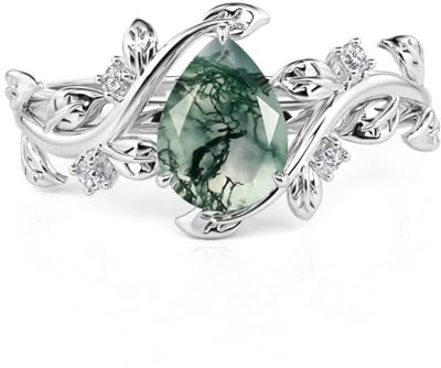 Bague Femme Moosachat Argent Birnenschliff Zircone Bague Feuille Vigne Fleur Sterling Silver Bague Doigt Fiançailles Élégante Alliance Femme Fille (Argent, 54(17.3))