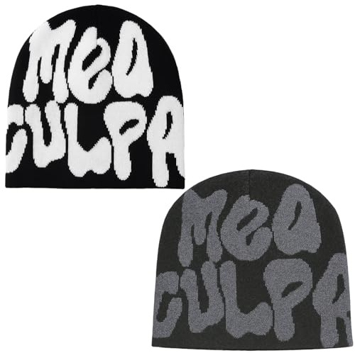 PDirat 2 Mützen Y2K Beanie, Modische MEA Culpa Mütze, Warme Strickmütze Für Outdoor-Aktivitäten Und Streetwear für Outdoor-Aktivitäten, Streetwear Accessoire, Schwarz und Grau