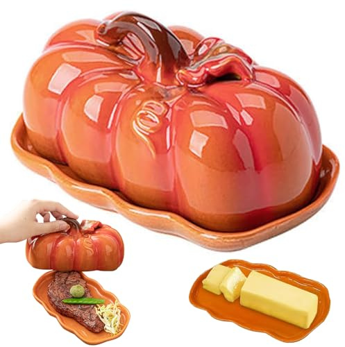 Pumpkin Butter Dish with Lid - Fall Kitchen Countertop Tray, Ceramic Pumpkin Butter Dish, Cute Christmas Dinner Plate, Vintage Pumpkins Bowls for Thanksgiving, Halloween & Indoor Fall Décor