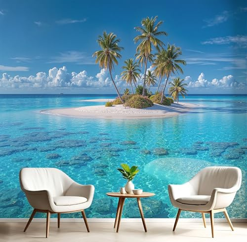 GSAEIMCT Blue-Green Mural Photo Wallpaper,Island Palm Trees Wallpaper for Living Room Tv Backdrop Office,3D Effect Natural Scenery Large Wall Mural Paper Decoration Poster Picture,450X300Cm