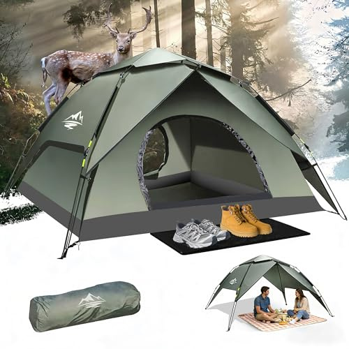 Camping Tent 2-3 Man Pop Up Tent - 40s Automatic Easy Setup Tent with Rainfly, Double-Layer 3500mm Waterproof & Windproof Instant Tents for Camping & Hiking
