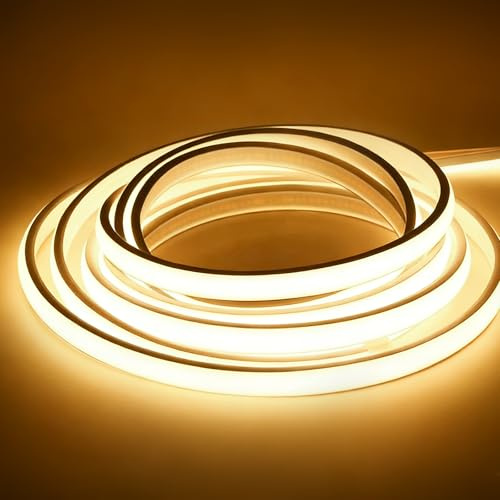 Hmuaog COB LED Streifen 230V Direktanschluss, 1400Lm/m Extra Hell Lichtband IP67 Wasserdicht, Punktfreies LED Band für Außen Garten Küche Akustikpaneele (Warmweiß, 5 m)