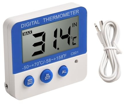 Opatiny Thermometer-Hygrometer für den Innen- und Außenbereich, mit Alarm bei hoher niedriger Temperatur, für Zuhause, Büro, Kühlschrank, Gewächshaus, Blau