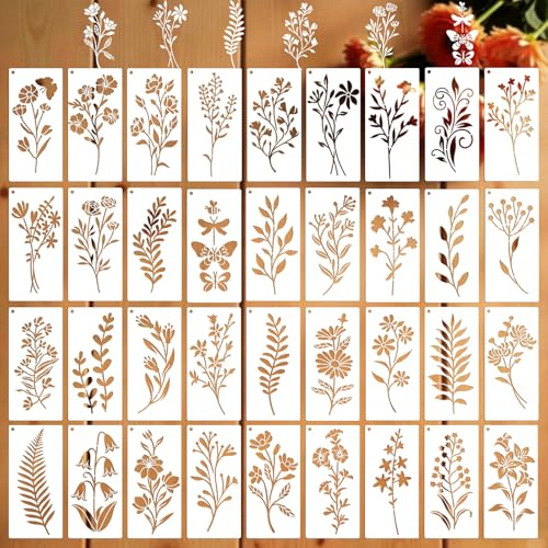 36 plantillas reutilizables con flores silvestres, para pintar, hojas, plantillas para manualidades, scrapbooking, decoraciones para muebles, tarjetas de regalo y decoraciones de pared (15 x 7,5 cm)