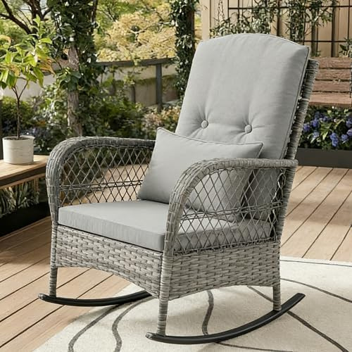 RBFGYIOP Outdoor Wicker Rocking Chair, Rattan Patio Rocker Chairs with Cushions and Pillows, Garden Conversation Sofa with Safe Rocking Design for Porch, Decking, Conservatory - Grey