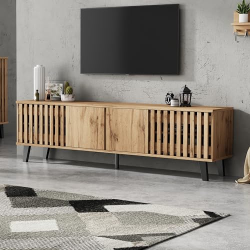 FammyLoft TV Schrank bis 70 Zoll mit 8 Ablagefächer, TV-Lowboard mit Fünfbeinige Stützstruktur, Fernsehschrank mit Hybrid-Schranktürdesign, TV Tisch, Fernsehtisch für Wohnzimmer, 180cm, Natür