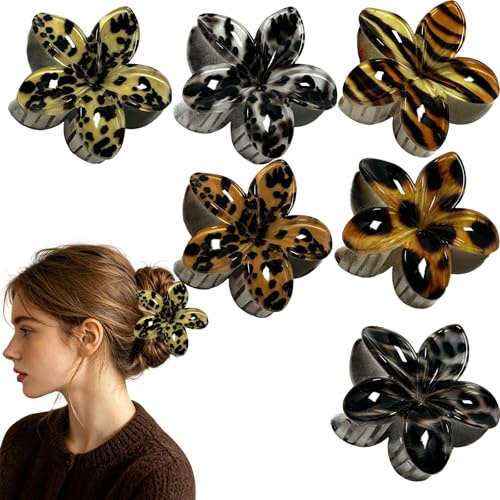 KSJEHW 6 Pezzi Mollette Capelli Donna a Forma di Fiore, Pinze per Capelli Eleganti con Fantasia Leopardata e Zebra, Mollettone Capelli Donna 8cm in Resina per Acconciature e Uso Quotidiano