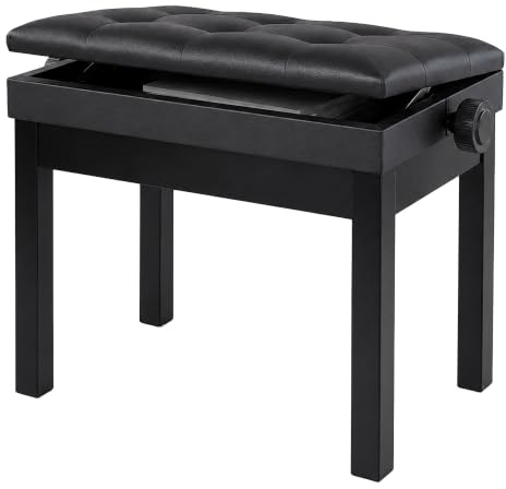 Banco de piano Relaxdays, regulable en altura, 48–58 x 55 x 33 cm, con almacenaje, madera, polipiel, negro