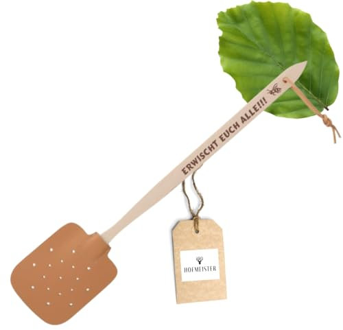HOFMEISTER® Fliegenklatsche aus Holz und Leder mit Spruch: ERWISCHT EUCH ALLE!!! Stabiler Fliegentöter für effektive Insektenabwehr